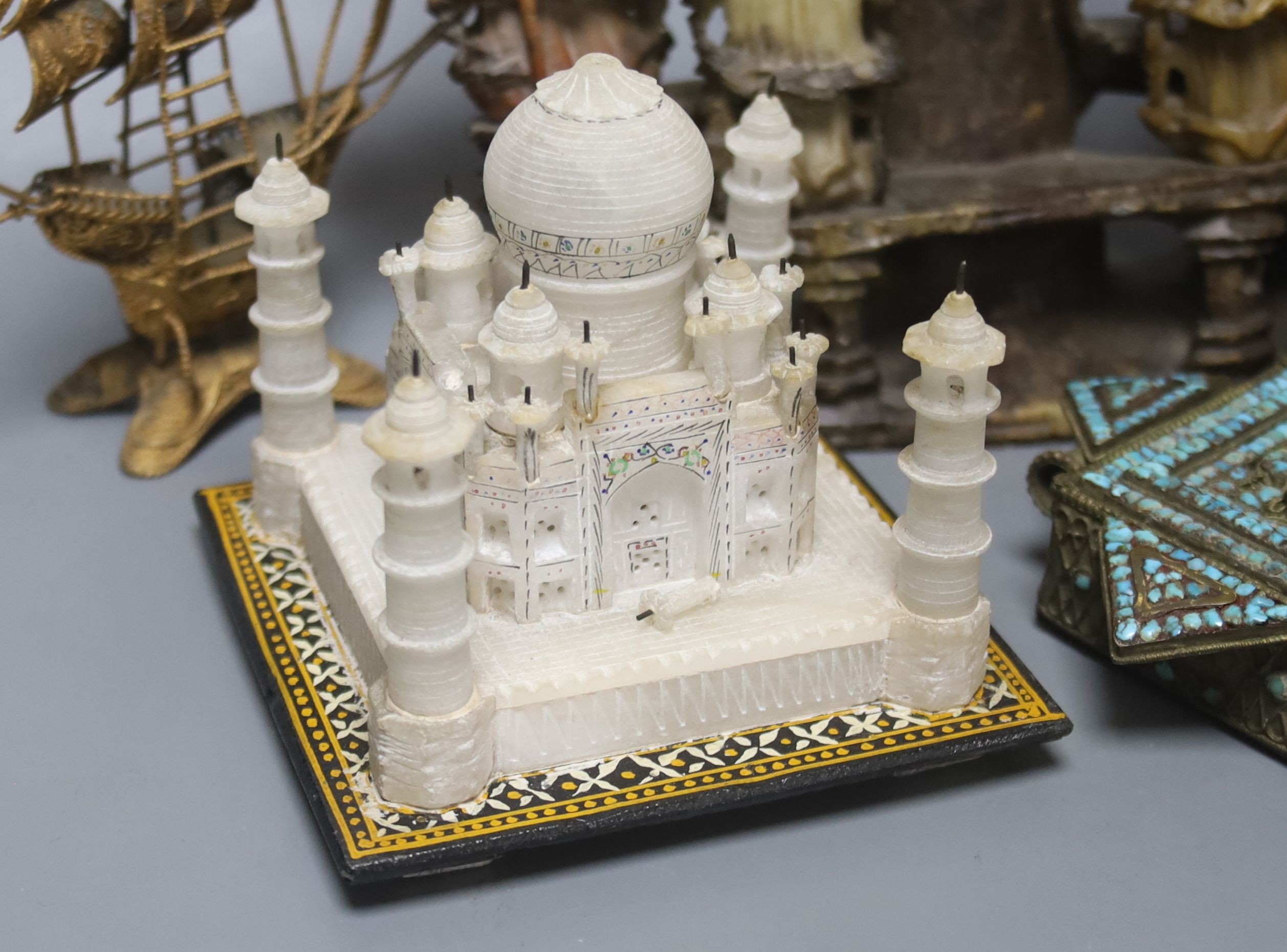A group of Chinese soapstone carvings, an Indian Alabaster model of the Taj Mahal etc, tallest 23.5 cm